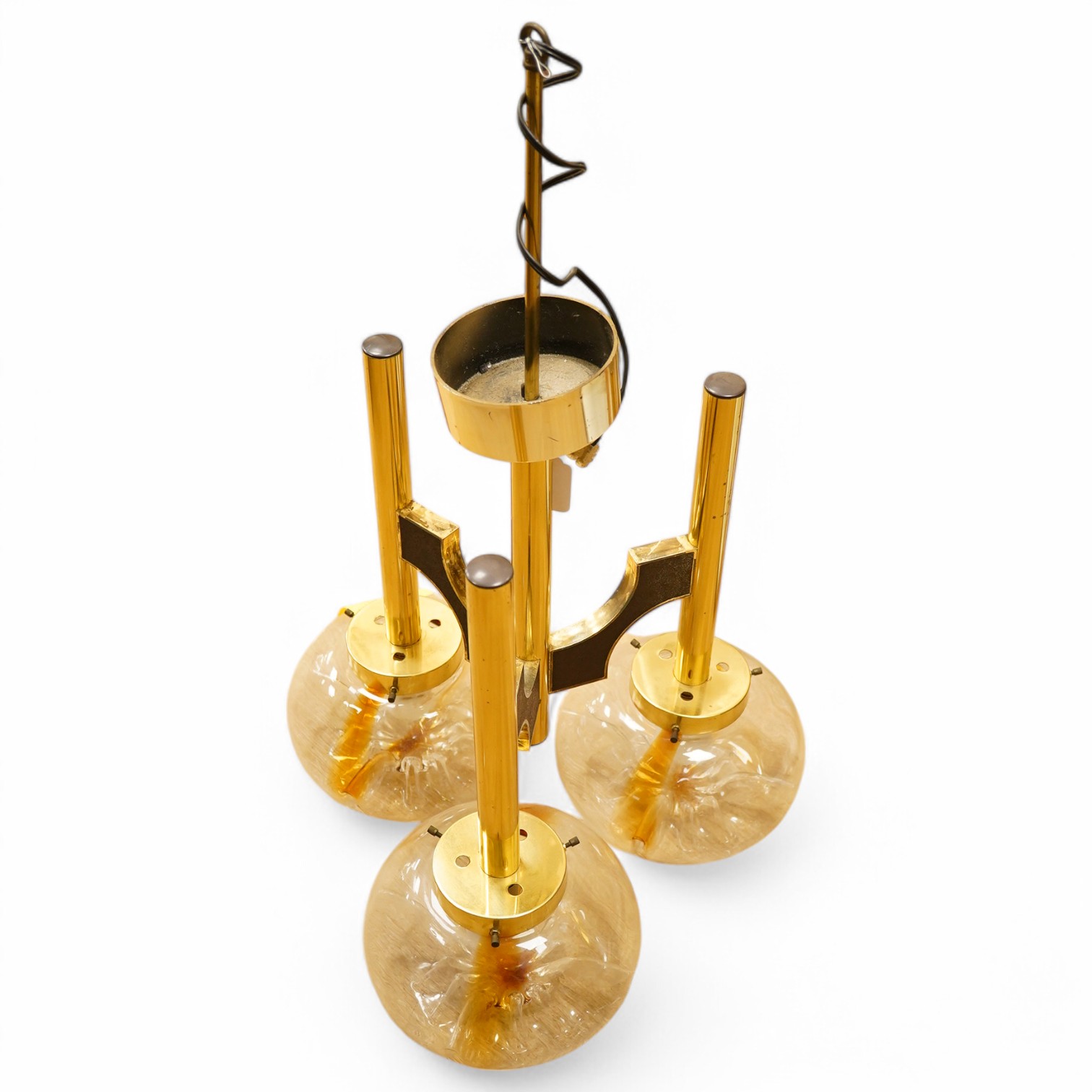 In the manner of Sciolar, a mid century three light brass and glass light fitting, 53cm high. Condition - good